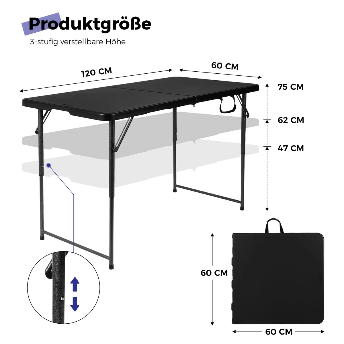 Byliable Klapptisch 120 cm tragbar, höhenverstellbar Campingtisch, Gartentisch Esstisch Partytisch klappbar faltbar, Outdoor Indoor, Schwarz