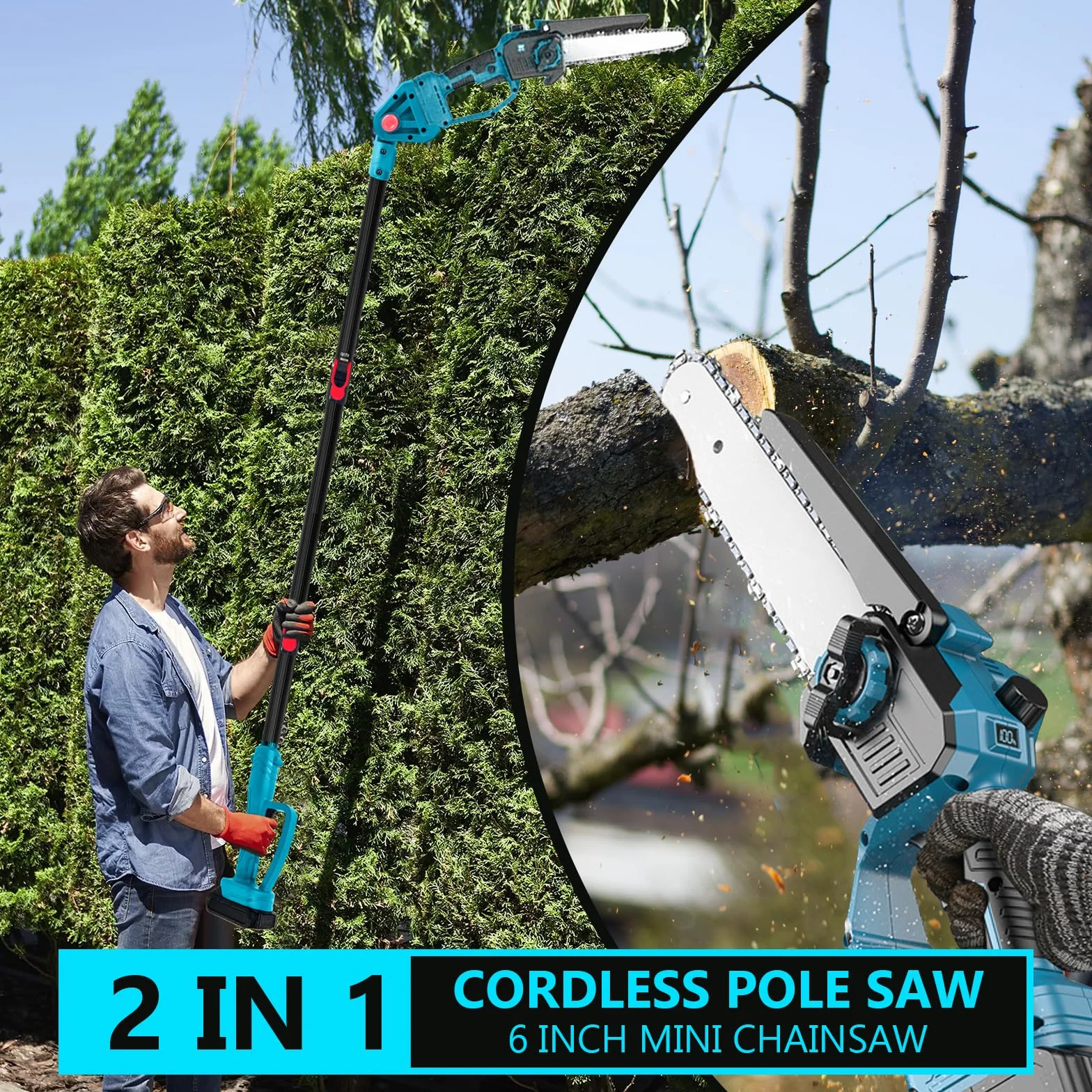 Akku Hochentaster Ast Kettensäge Profi-Astsäge kompatibel mit Makita 18V, 6 Zoll Bürstenlose 2 in 1 Astsäge mit Teleskopstiel und Teleskop Elektro Hochentaster Asts-äge Arbeitshöhe 4,5m (on Akku)