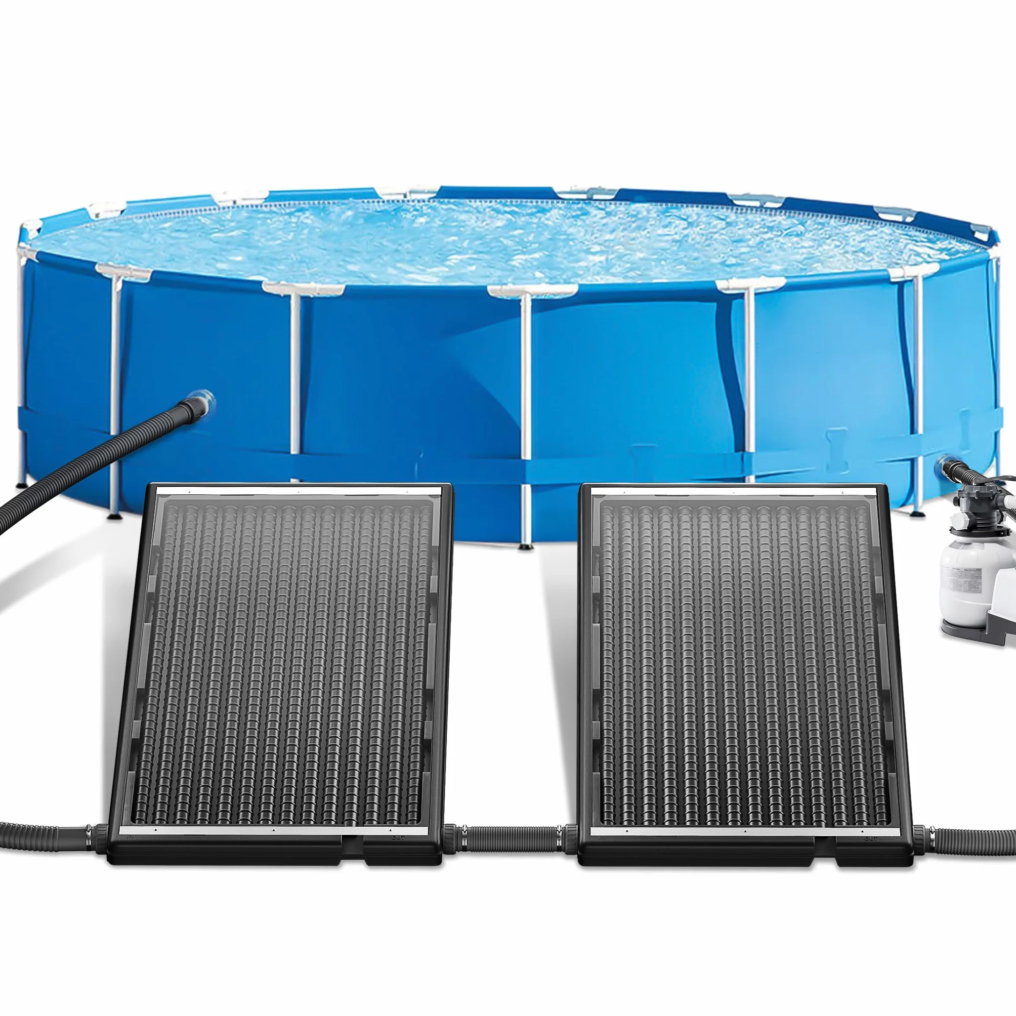 UISEBRT Solar Pool Heater, UV-beständiger Kunststoff mit Schutzplatte gegen Staub & Blätter, 111.5x66x6.5 cm, Aluminium-Standfüße, Solarkollektor für Gartenpool, Badesaison verlängern，1er Set