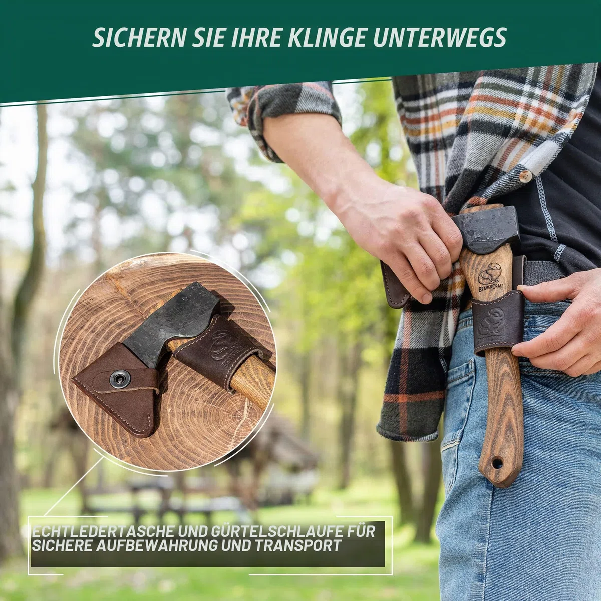 BeaverCraft Holzbearbeitungsaxt mit Scheide AX1 – Geschmiedete Axt, Bushcraft-Axt für Camping – Kleine Forstaxt zum Hacken und Spalten – Gartenaxt mit Holzgriff, Holzbearbeitungswerkzeug