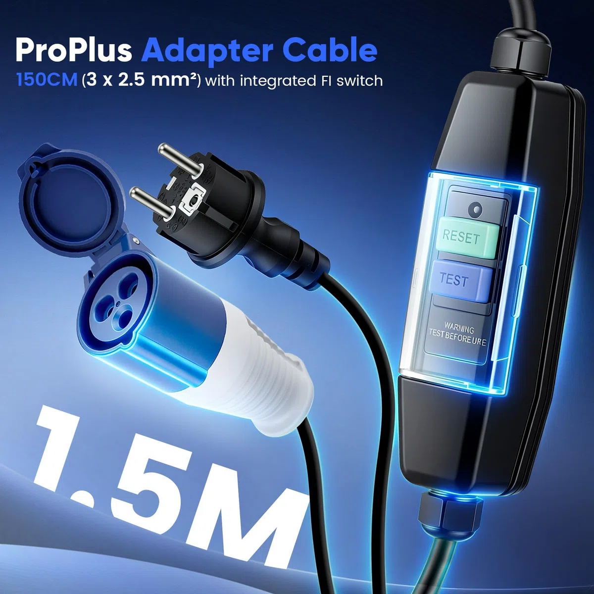 Adapterkabel 150 cm Schuko auf CEE mit Integriertem FI-Schutzschalter – CEE Verlängerungskabel, Starkstrom Verlängerungskabel, Camping Stromkabel & CEE Kabel mit FI Steckdose für Wohnmobil – IP44/IP55
