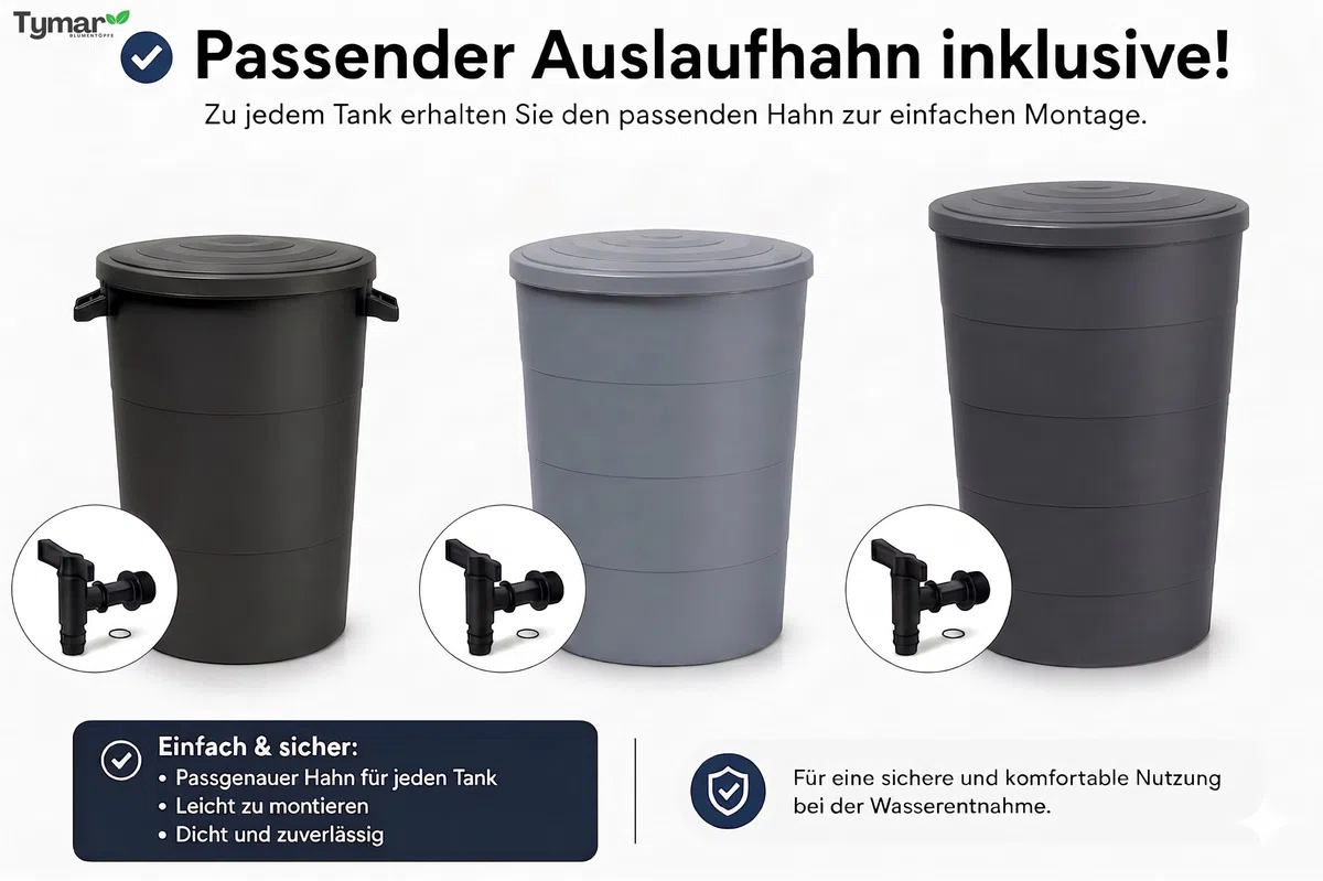 Tymar Regentonne Anthrazit, Regenfass 200L, Wassertonne mit Wasserhahn, Regenwassertank für Garten & Balkon, Regenwassertonne Ø60x107cm_IDSM
