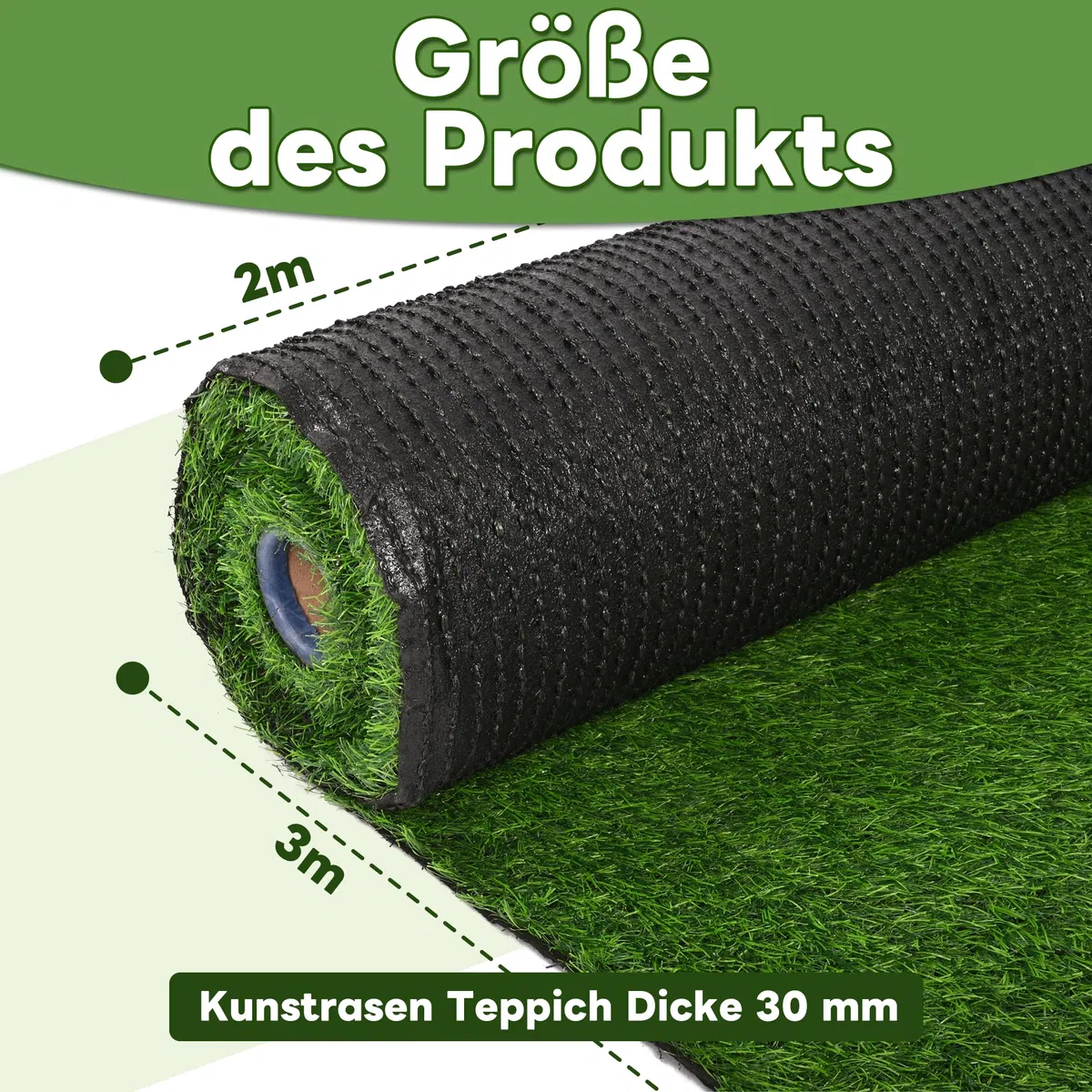 bimiti Kunstrasenteppich 2x3m, Kunstrasen 30 mm Höhe, Rasenteppich Meterware Grasteppich Outdoor Teppich Wetterfest Rollrasen Grasmatte für Balkon, Terrasse, Garten, Grün