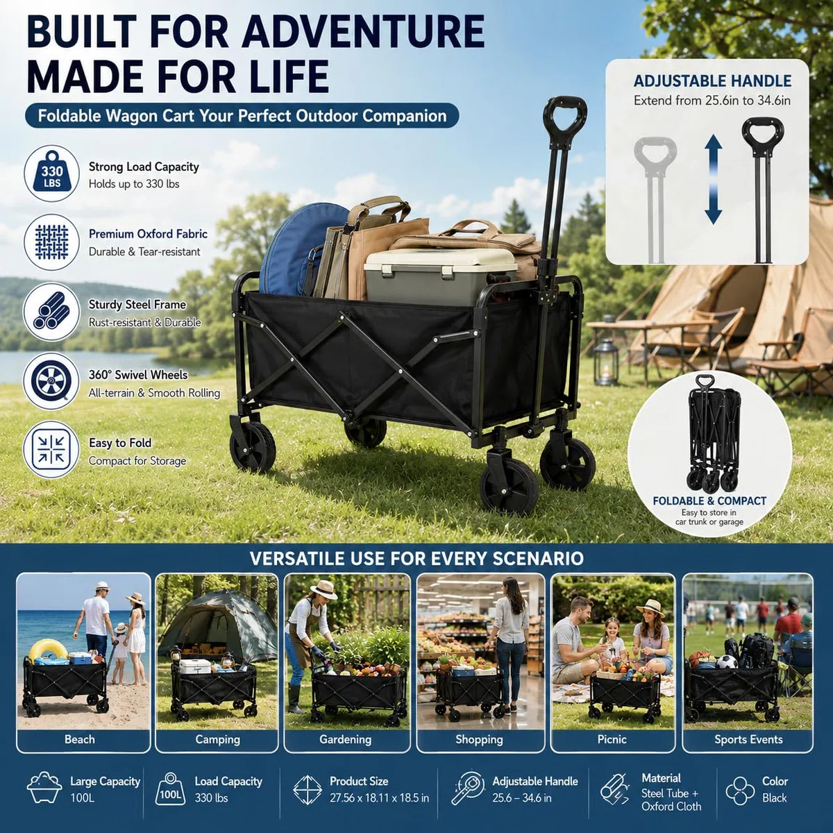 Bollerwagen Faltbar,Kleiner Handwagen Faltbar 70 x 46 x 47 cm Tragkraft 150KG,Bollerwagen mit Verstellbarem Griff für Camping Outdoor Garten Shopping