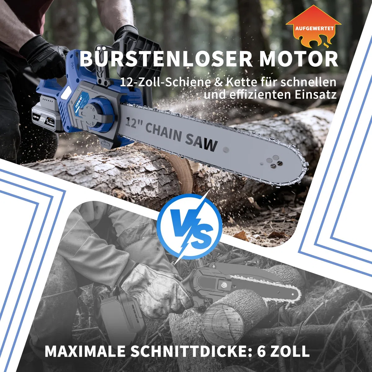NANWEI Akku Kettensäge 12 Zoll mit 2x 4.0Ah Akku, kabellose Elektrosäge, ausgestattet mit einer Bremsklappe, bürstenlosem Motor (Mit 2 Batterie)