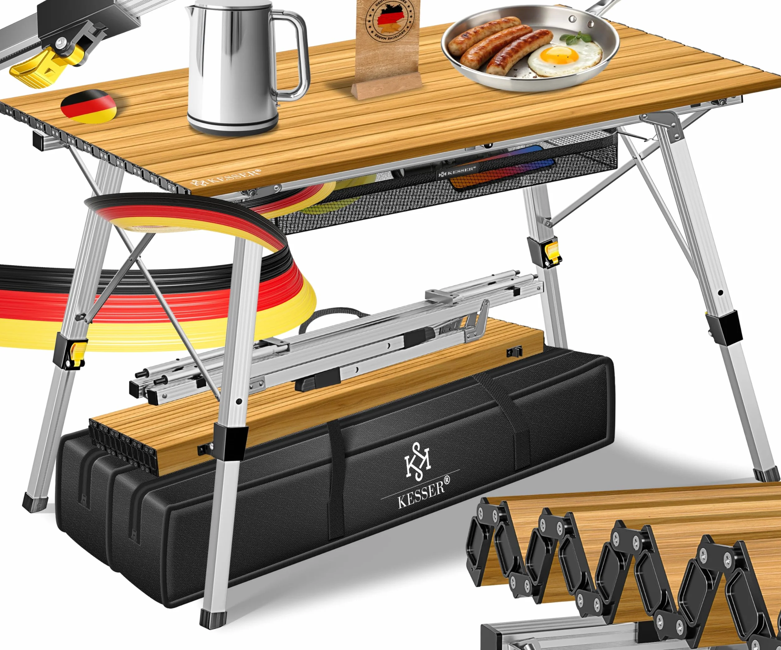 KESSER® Campingtisch faltbar Klapptisch mit Aluminiumrahmen Aufrollbare Tischplatte Falttisch klappbar Höhenverstellung 120x70cm - bis 100kg inkl. Tragetasche mit Trageband & Netztasche, Holz-Optik