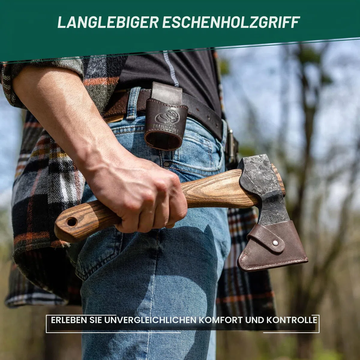 BeaverCraft Holzbearbeitungsaxt mit Scheide AX1 – Geschmiedete Axt, Bushcraft-Axt für Camping – Kleine Forstaxt zum Hacken und Spalten – Gartenaxt mit Holzgriff, Holzbearbeitungswerkzeug