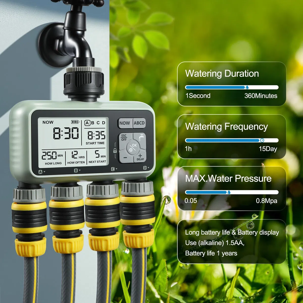 CROSOFMI Bewässerungscomputer 4 Ausgänge Garten Wasser Zeitschaltuhr Automatische Bewässerung/LCD-Bildschirm/Einfache Bedienung/Kindersicherung/Verzögerung bei starkem Regen/Manuelle Bewässerung