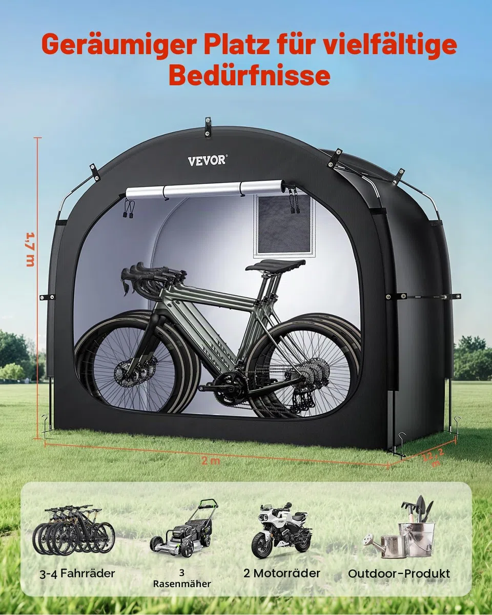 VEVOR Fahrradzelt, 3 bis 4 Fahrräder, geräumige Fahhrradgarage mit belüftetem Fenster, einfach zu installierende Fahrradschuppe mit hochfestem Fiberglas & Doppelreißverschlüssen, 203x122x169 cm