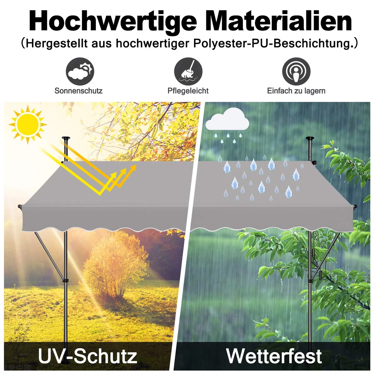 Klemmmarkise Balkon, Markise Einziehbar Manuell, Handkurbel, höhenverstellbar, UV-beständig, ohne Bohren, 100% Polyester (250x120cm, Grau)