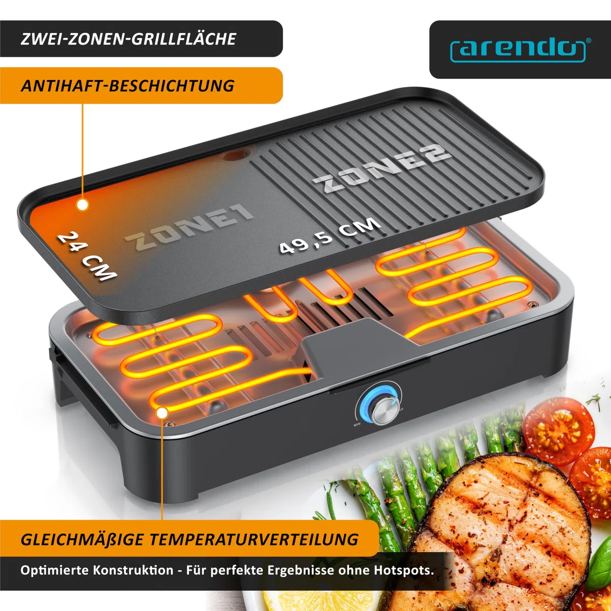 Arendo - Tischgrill Edelstahl, Elektrogrill mit Thermostat, Barbecue Standgrill 2200W, Electric Grill Geteilte Garflächen, Antihaft-Beschichtung, Standfuß mit Ablage, Spritzschutz, Für Balkon Terrasse