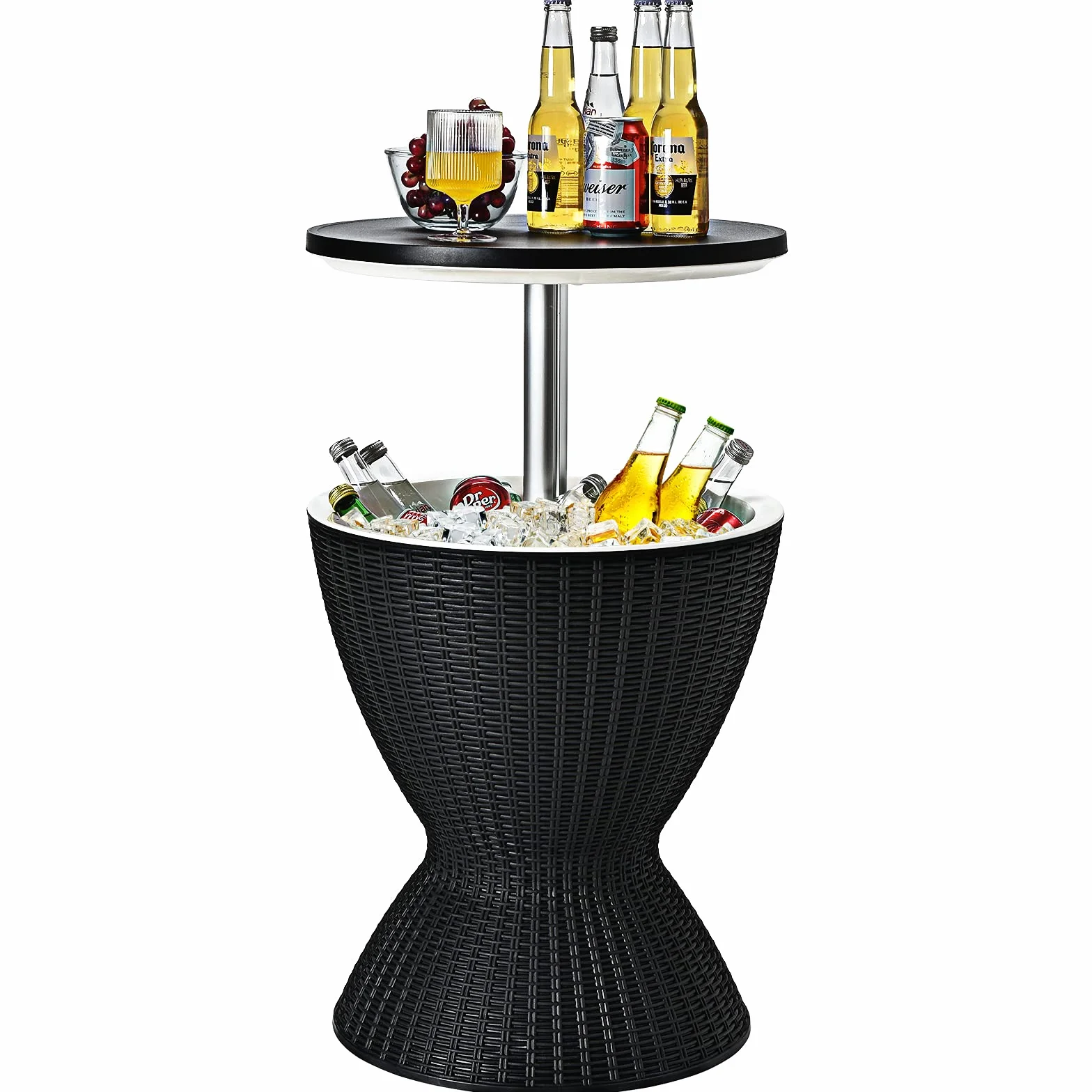 COSTWAY 3 in 1 Cool Bar, höhenverstellbarer Beistelltisch, 30L Outdoor Bier- und Weinkühler in Rattanoptik, Getränkekühler mit Abflussloch, für Terrasse, Party, Poolbereiche, Schwarz
