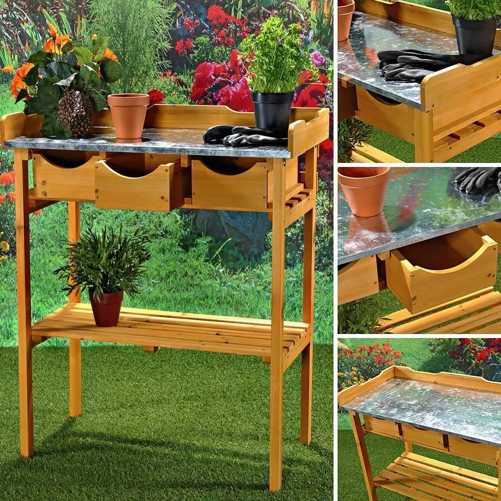 Melko Gartenarbeitstisch Gartentisch Pflanzentisch mit DREI Schubladen im Landhausstil aus Fichtenholz für den Außenbereich, 80 x 40 x 82 cm, Honigton Braun