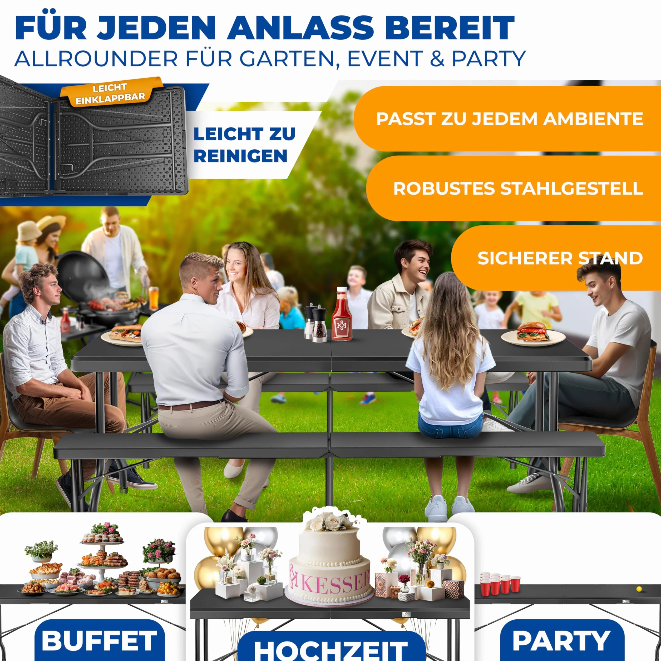 KESSER® Buffettisch Tisch klappbar Kunststoff 183x76 cm Campingtisch Partytisch Klapptisch Gartentisch für Garten, Terrasse und Balkon zusammenklappbar 6 Personen inkl. Cover & Tragegriff, Anthrazit