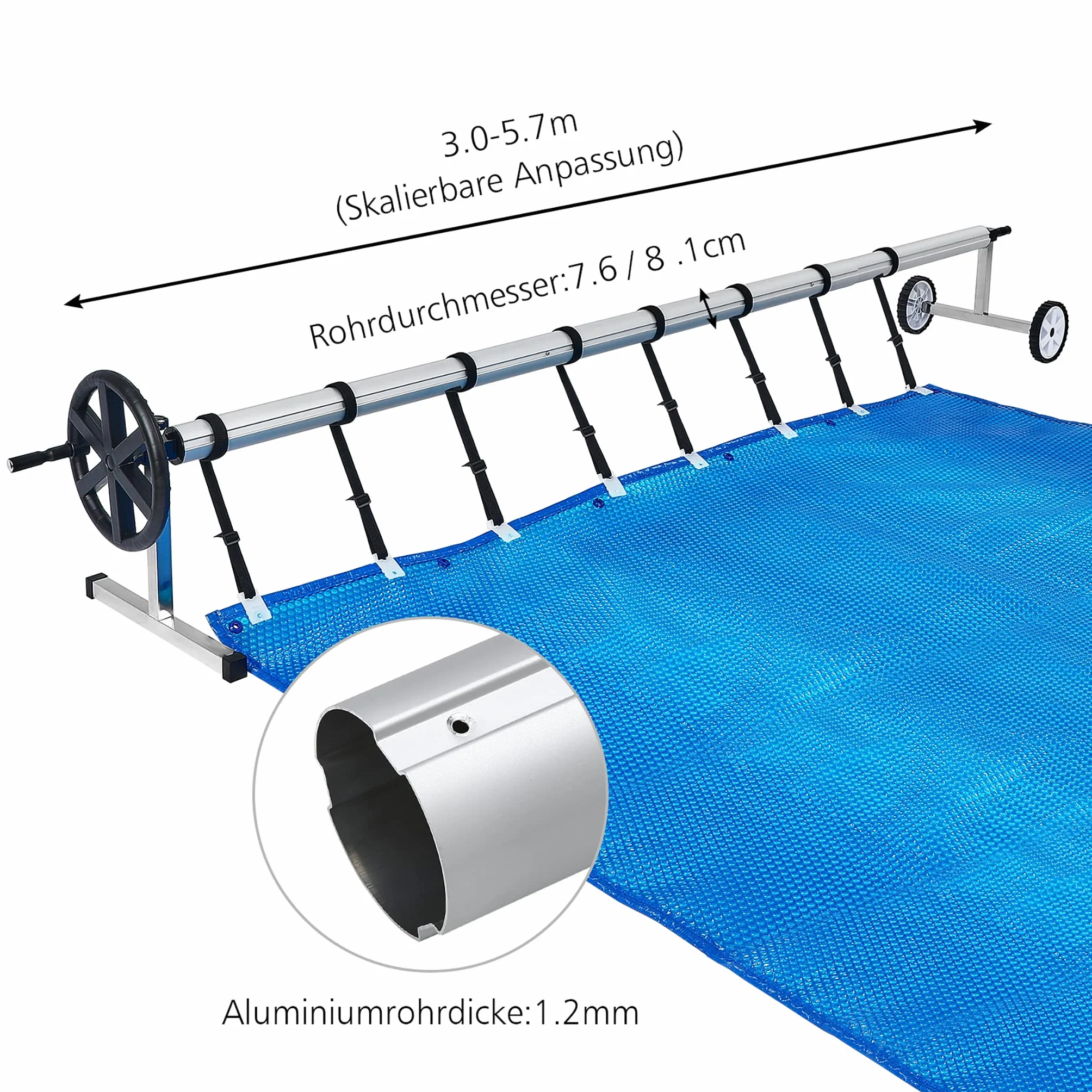 FIVMEN Pool Aufroller Poolabdeckung 3-5,7m Aufrollvorrichtung Mobiles für Plane, Premium Aufrollsystem inkl. Bänder Einstellbar Poolaufroller, Typ A