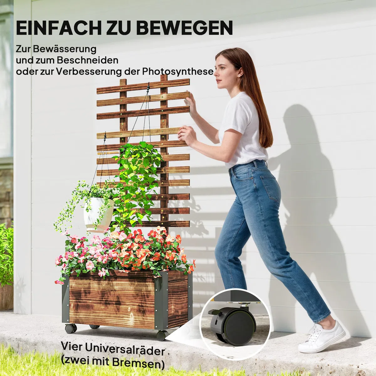 Outsunny Hochbeet Pflanzkasten mit Rankgitter, Spalier Pflanzkübel Blumenkasten Holz, Gemüsebeet mit Rollen, Rankhilfe, Gartenspalier 65x31x147cm für Garten, für Kletterpflanzen, Blumen, Verkohlt