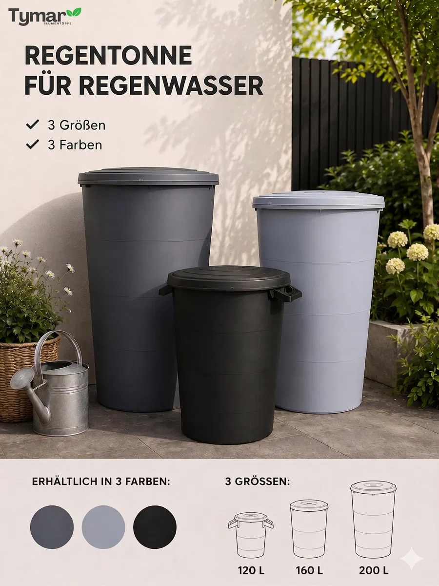 Tymar Regentonne Anthrazit, Regenfass 200L, Wassertonne mit Wasserhahn, Regenwassertank für Garten & Balkon, Regenwassertonne Ø60x107cm_IDSM