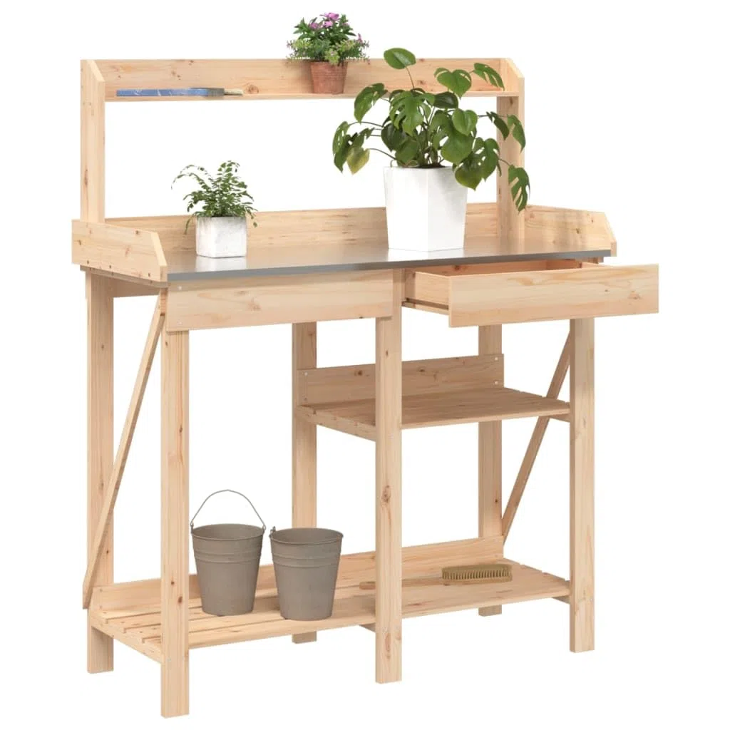 vidaXL Pflanztisch, Gärtnertisch mit Ablage Schublade, Arbeitstisch für Garten Terrasse, Blumentisch Umtopftisch, Massivholz Tanne
