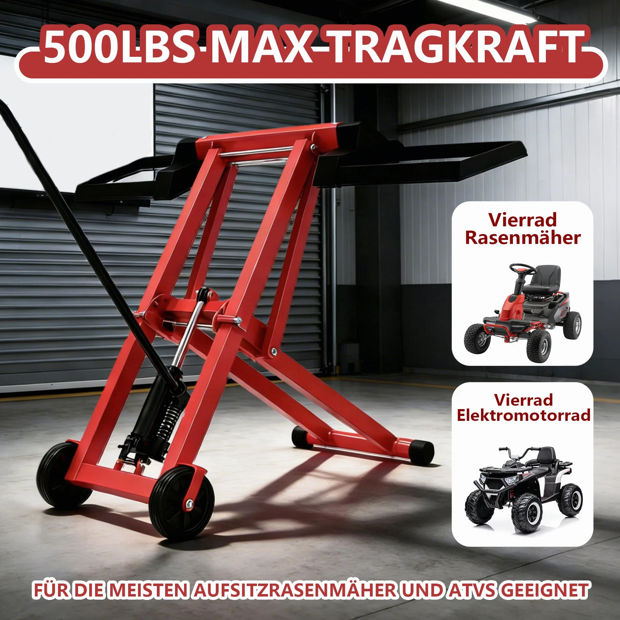 XMTECH Hydraulischer Rasentraktor Heber 227 kg – Rasenmäher Traktor Hebebühne für Aufsitzmäher & ATV, 3-fach höhenverstellbar bis 65,5 cm, klappbar, Rasentraktor Zubehör Hebevorrichtung