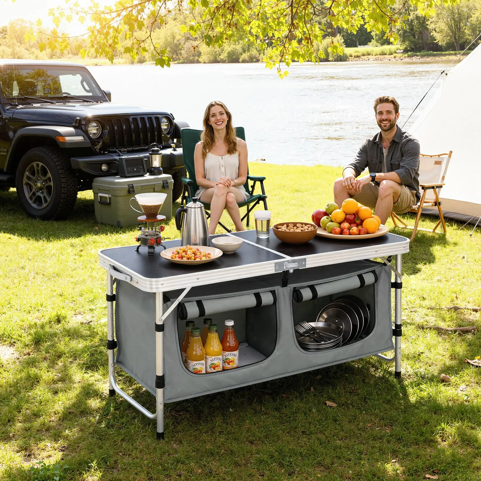 WOLTU faltbar Campingschrank Alu Campingtisch Höhenverstellbar mit Stauraum, Outdoor Campingmöbel Klapptisch Gartentisch für Picknick Strand im Freien, Schwarz+Grau