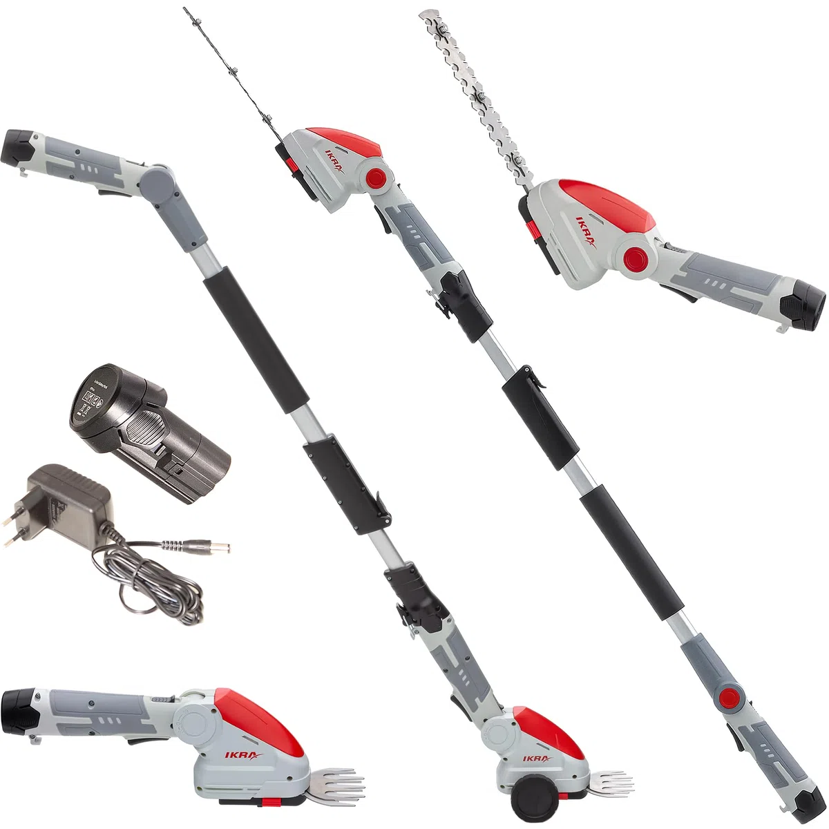 IKRA Akku Grasschere & Buschschere IGBS 1210F, inkl. Teleskop Verlängerung | Inkl. Akku 12V & Ladegerät, 7-fach winkelverstellbarer Griff, Messer Made in Germany, kompatibel mit IKRA 12V Akku-Familie