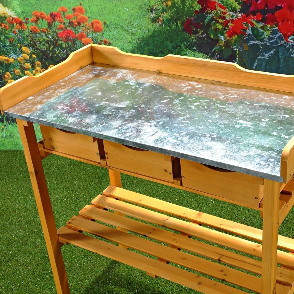Melko Gartenarbeitstisch Gartentisch Pflanzentisch mit DREI Schubladen im Landhausstil aus Fichtenholz für den Außenbereich, 80 x 40 x 82 cm, Honigton Braun