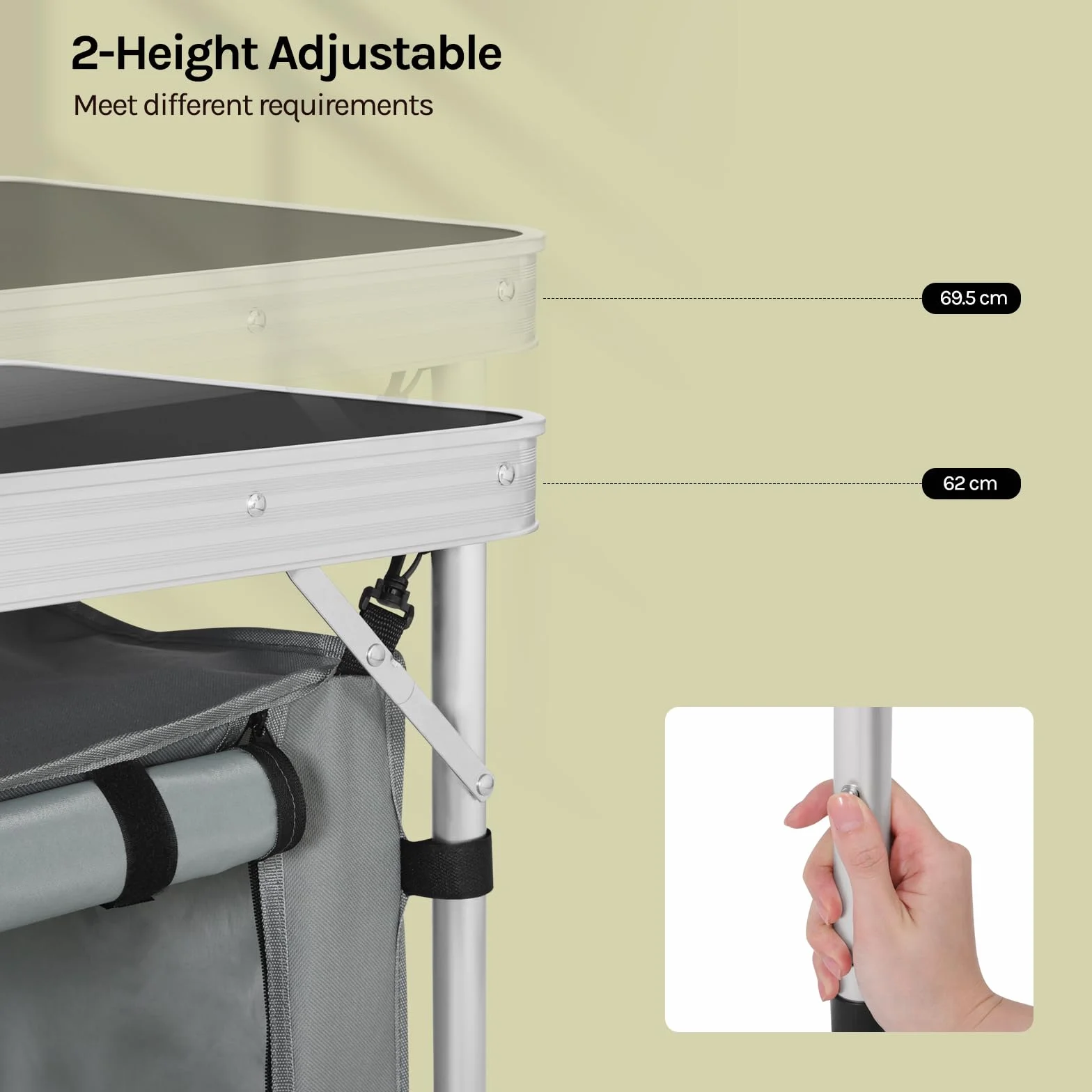 WOLTU faltbar Campingschrank Alu Campingtisch Höhenverstellbar mit Stauraum, Outdoor Campingmöbel Klapptisch Gartentisch für Picknick Strand im Freien, Schwarz+Grau