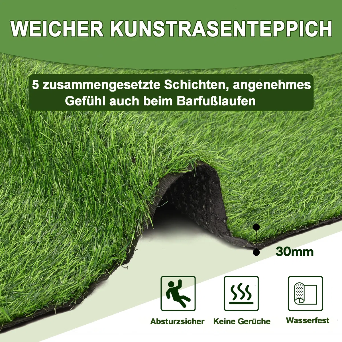 bimiti Kunstrasenteppich 2x3m, Kunstrasen 30 mm Höhe, Rasenteppich Meterware Grasteppich Outdoor Teppich Wetterfest Rollrasen Grasmatte für Balkon, Terrasse, Garten, Grün