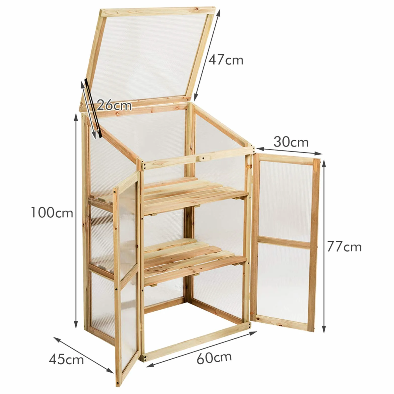GOPLUS Frühbeet, Frühbeetkasten mit Abdeckung, Gewächshaus aus Tannenholz & Polycarbonat, Hochbeet Treibhaus für Garten & Balkon, 60 x 45 x 100 cm