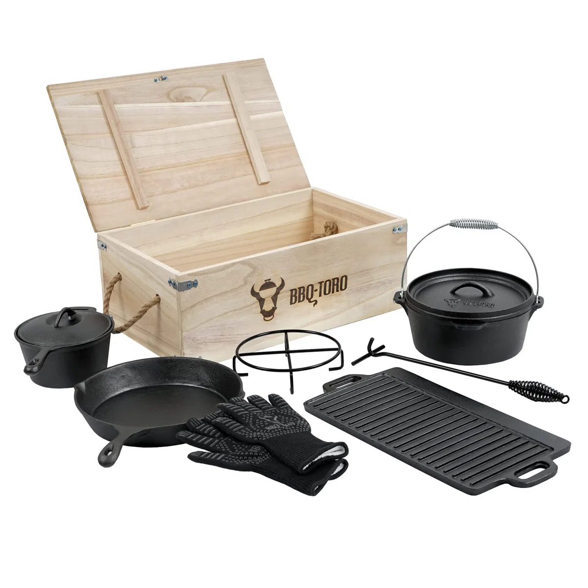 BBQ-Toro 8-teiliges Dutch Oven Set in Holzkiste | Gusseisen, bereits eingebrannt - preseasoned | Zubehör Set mit Dutch Oven, Holzkiste, Grillplatte, Stieltopf, Bratpfanne, Untersetzer, Deckelheber
