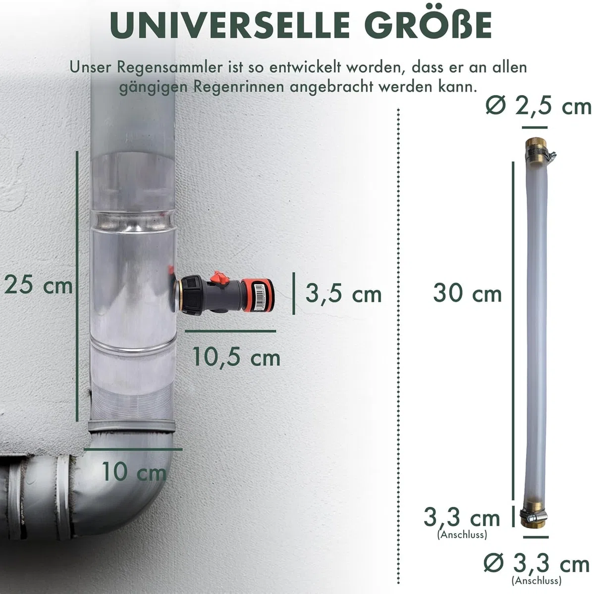 Regensammler für Fallrohre 100 mm - Zink Regenwassersammler für Fallrohr DN100 mit Schlauch- und Fassanschluss - Wassersammler für Regentonne, Zisterne - wetterfest und langlebig - Indiva