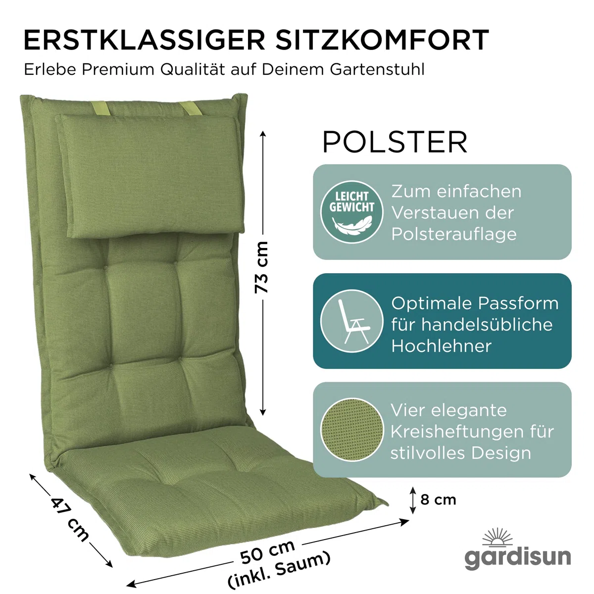 Gartenstuhlauflagen Hochlehner mit Kopfteil I Extra Dicke Sitzauflagen I Made in EU I Polsterauflagen für Hochlehner I Auflagen mit extra hoher Lichtechtheit I 2er Set I Grün