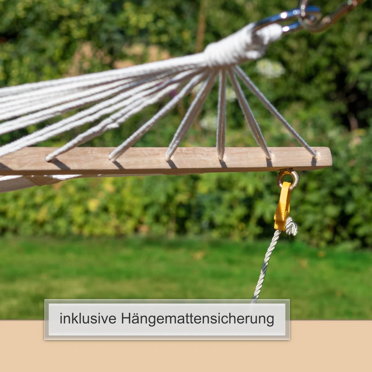 Ampel 24 Outdoor Hängematte mit Gestell und Sicherung, Hängemattengestell Holz Eukalyptus - Stabhängematte wollweiß Baumwolle, Braun/Reisweiß (310 cm)