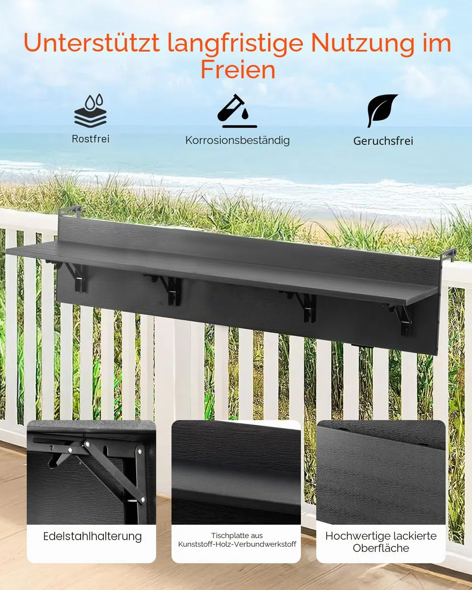 VEVOR Balkontisch, 1500x300 mm, klappbarer Balkonhängetisch, Klapptisch für den Außenbereich, 22 kg Tragkraft, passend für Geländer von 2,54 bis 15 cm, Serviertisch für Terrasse und Deck