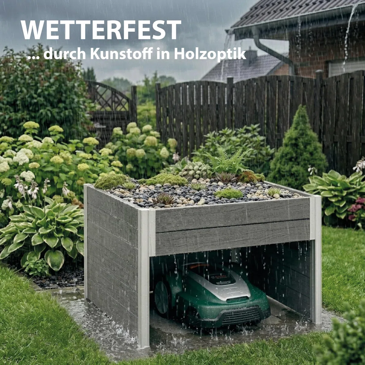 TRUTZHOLM Hochbeet mit Mährobotergarage 2in1 Holzoptik 73x79x56 cm Rasenroboter Garage Pflanzkasten anthrazit