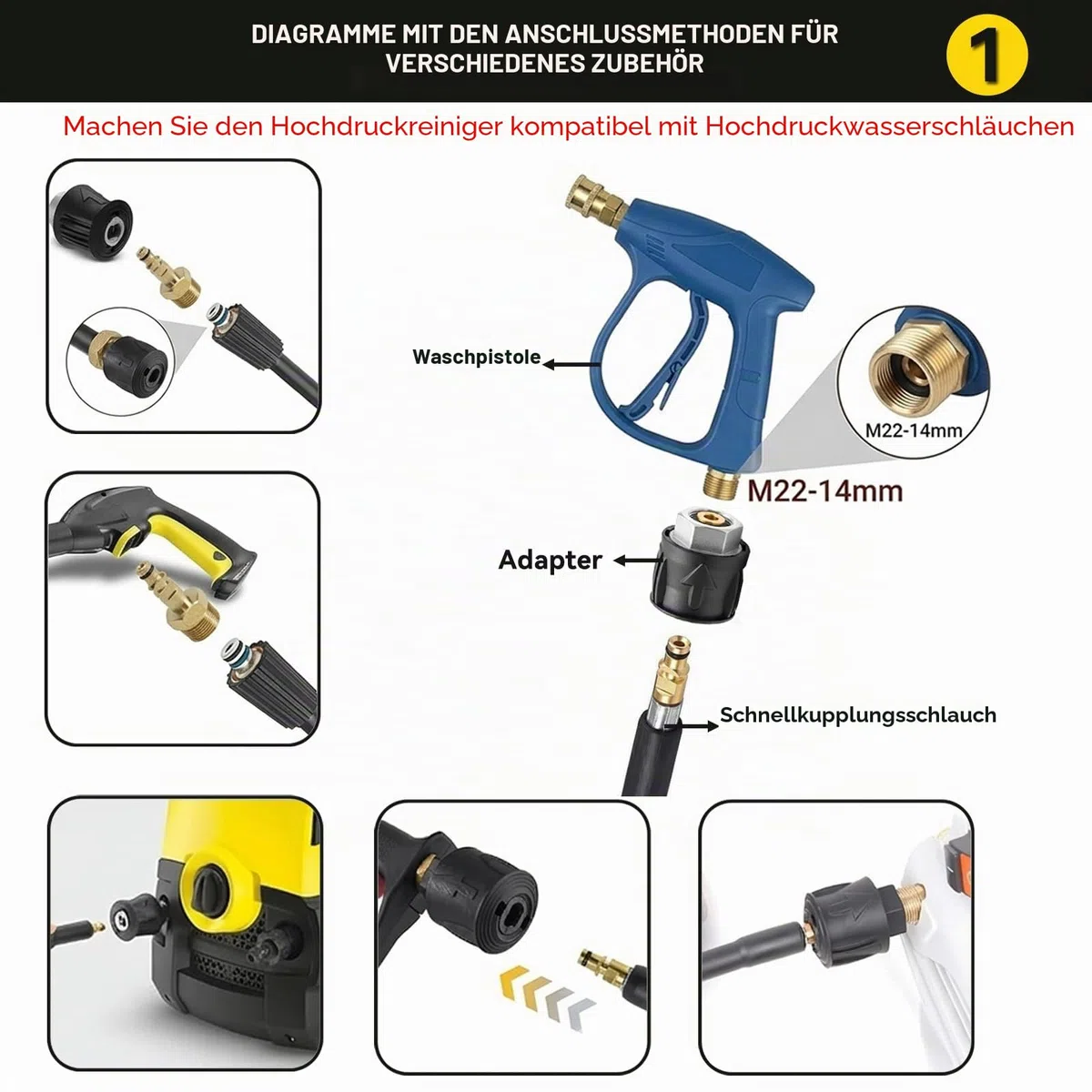 Hochdruckreiniger Adapterschlauch, Schnellmontage M22-14 mm, Schnellanschluss Konvertierungs oder Entriegelungsadapter für KC-Serie K2, K3, K4, K5, K6, K7, Innengewinde Stecker Unterlegscheiben