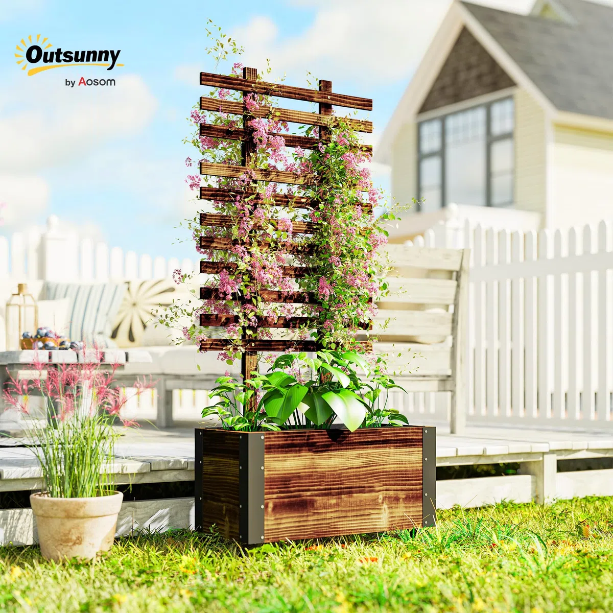 Outsunny Hochbeet Pflanzkasten mit Rankgitter, Spalier Pflanzkübel Blumenkasten Holz, Gemüsebeet mit Rollen, Rankhilfe, Gartenspalier 65x31x147cm für Garten, für Kletterpflanzen, Blumen, Verkohlt