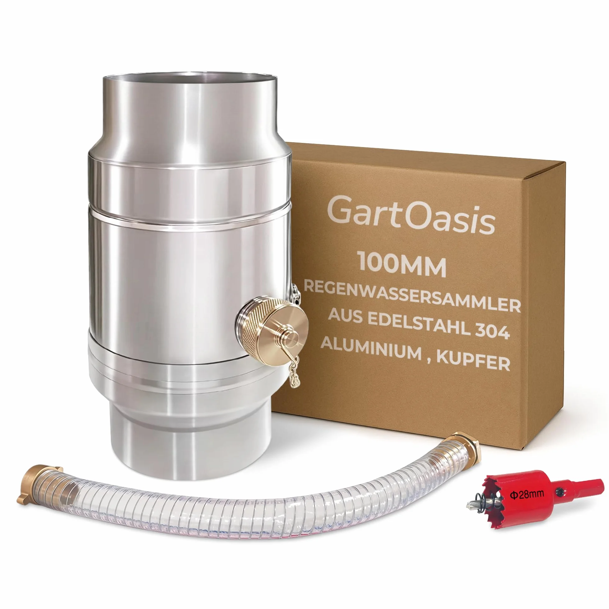 Regenwassersammler für Fallrohr 100 mm, Edelstahl 304 und Aluminium Regensammler mit 45cm Schlauch und Fassanschluss, Doppelwandigem Aufbau, DN100 Wassersammler für Regentonnen