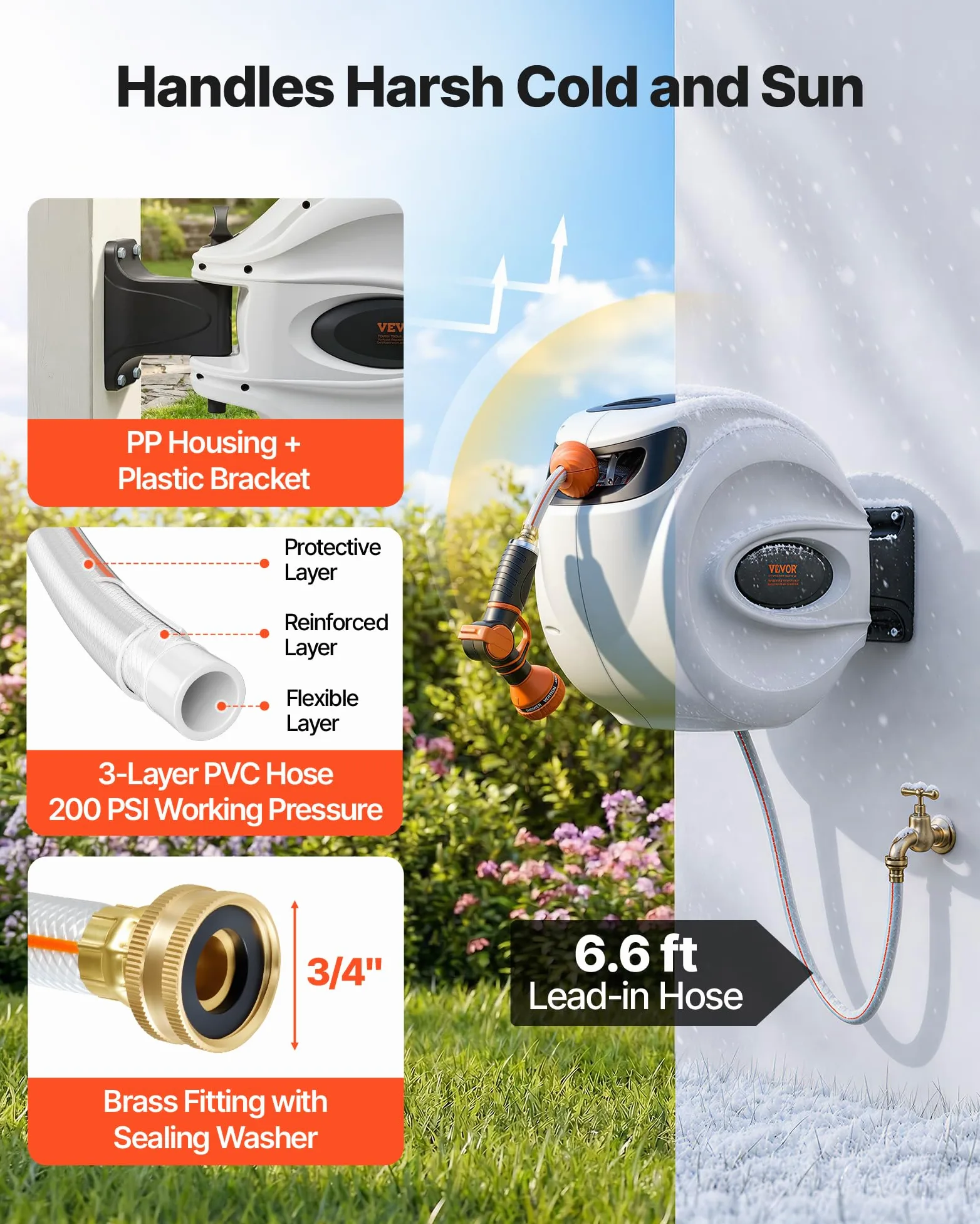 VEVOR Schlauchtrommel Wasser 35mx12mm mit Wandhalterung Tragegriff Schlauchaufroller mit 9-Muster-Sprühdüse & Gartenschlauch 180° Schwenkbar Wand-Schlauchbox mit Aufroll-Automatik Gießen Autowaschen
