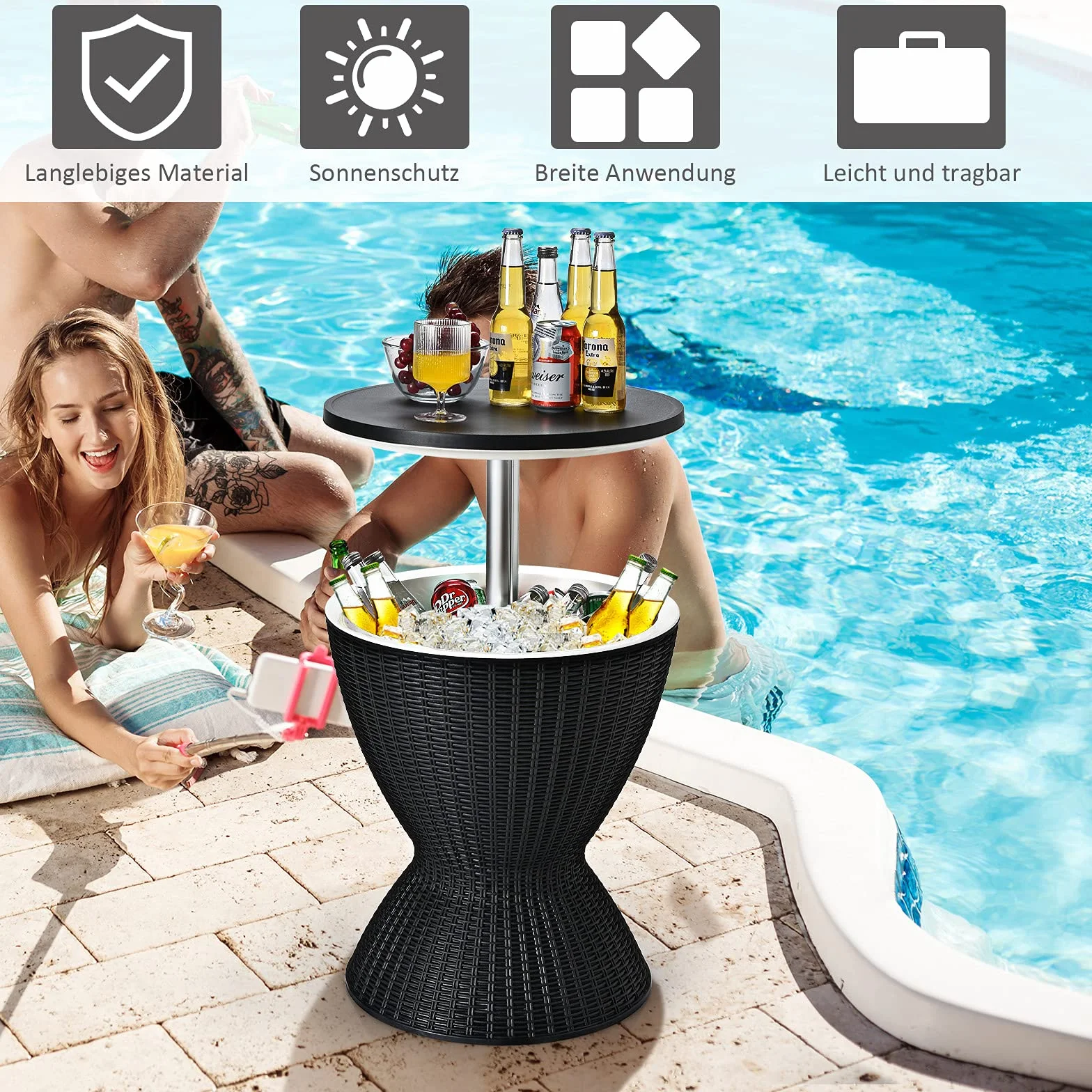 COSTWAY 3 in 1 Cool Bar, höhenverstellbarer Beistelltisch, 30L Outdoor Bier- und Weinkühler in Rattanoptik, Getränkekühler mit Abflussloch, für Terrasse, Party, Poolbereiche, Schwarz