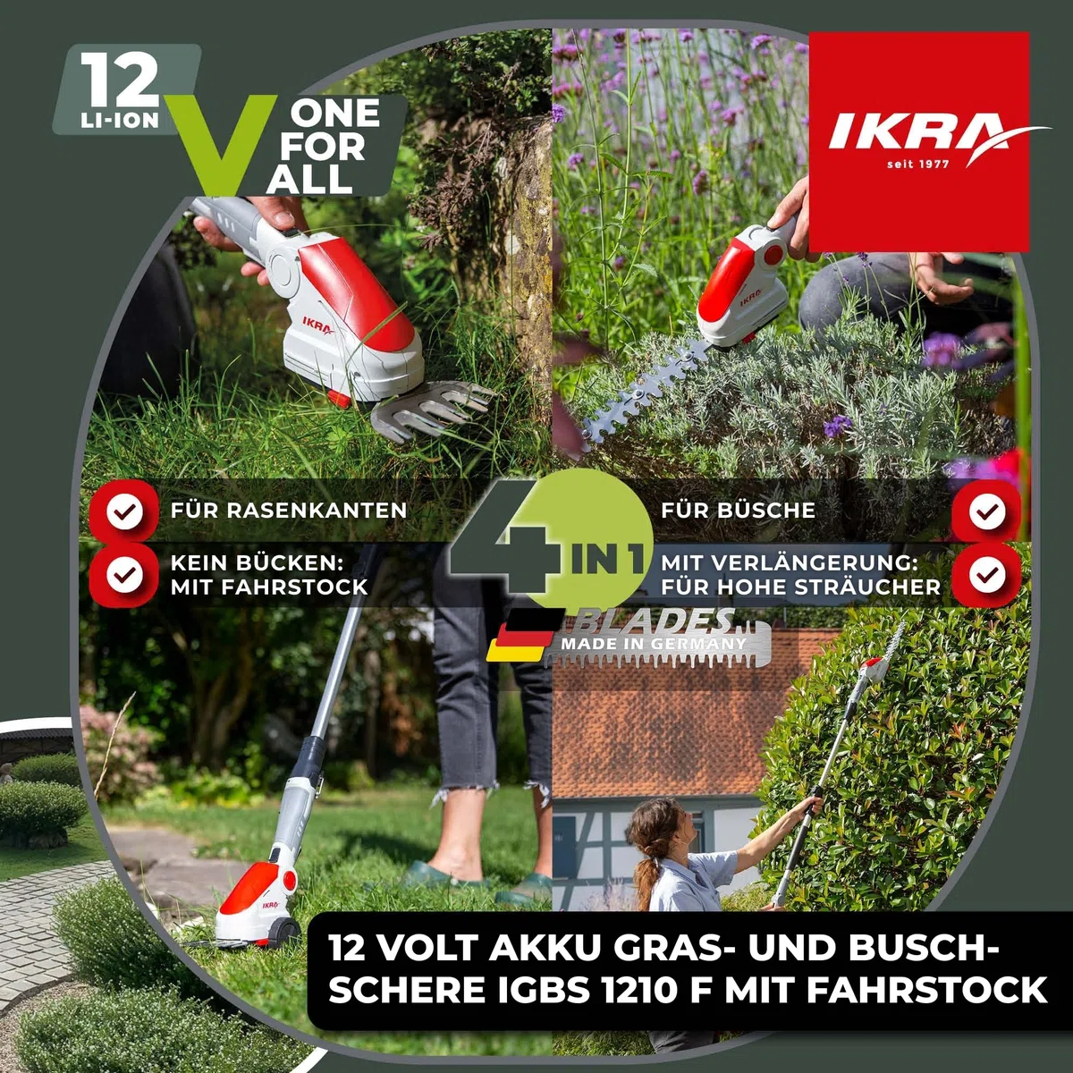 IKRA Akku Grasschere & Buschschere IGBS 1210F, inkl. Teleskop Verlängerung | Inkl. Akku 12V & Ladegerät, 7-fach winkelverstellbarer Griff, Messer Made in Germany, kompatibel mit IKRA 12V Akku-Familie