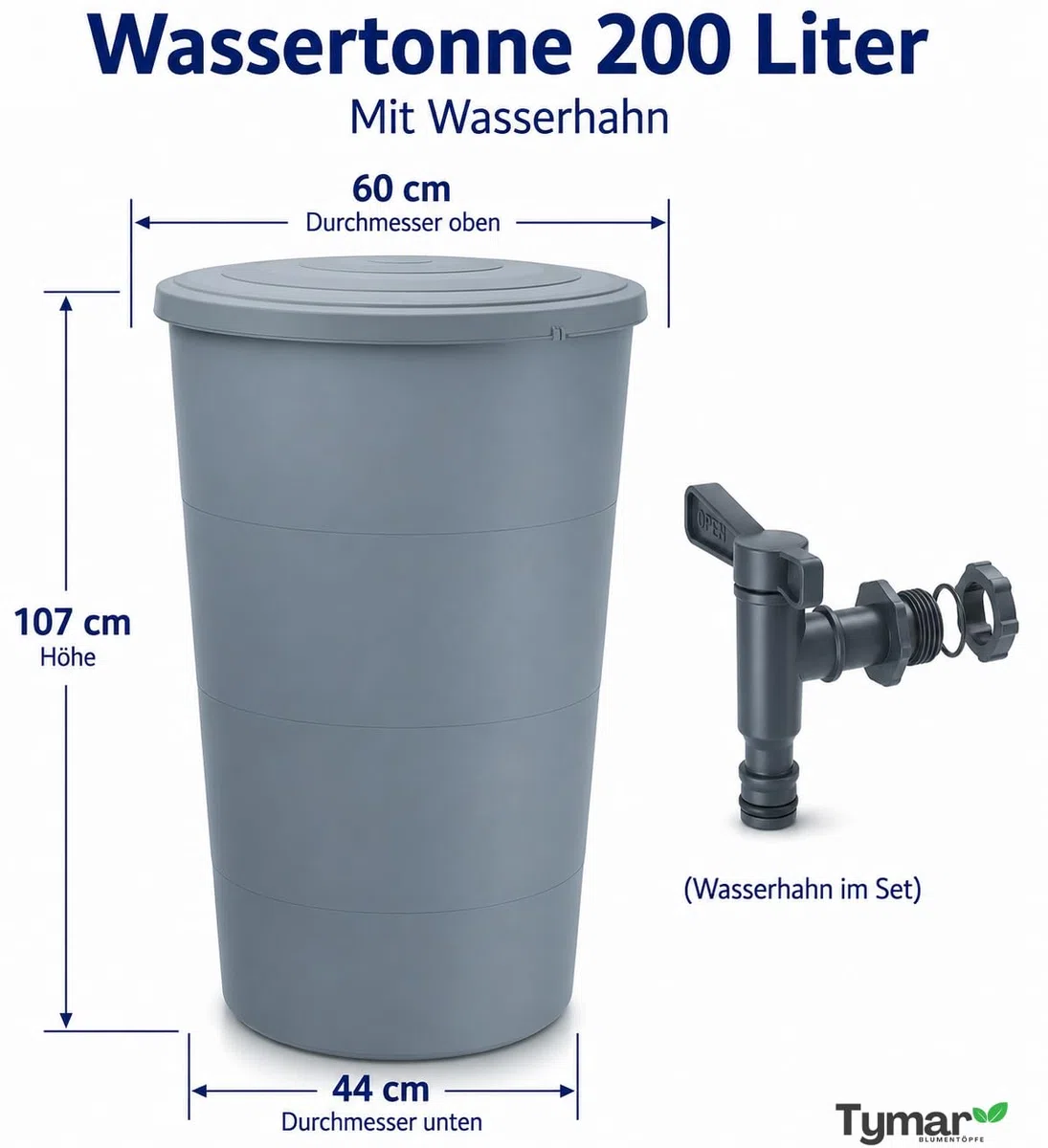 Tymar Regentonne Anthrazit, Regenfass 200L, Wassertonne mit Wasserhahn, Regenwassertank für Garten & Balkon, Regenwassertonne Ø60x107cm_IDSM