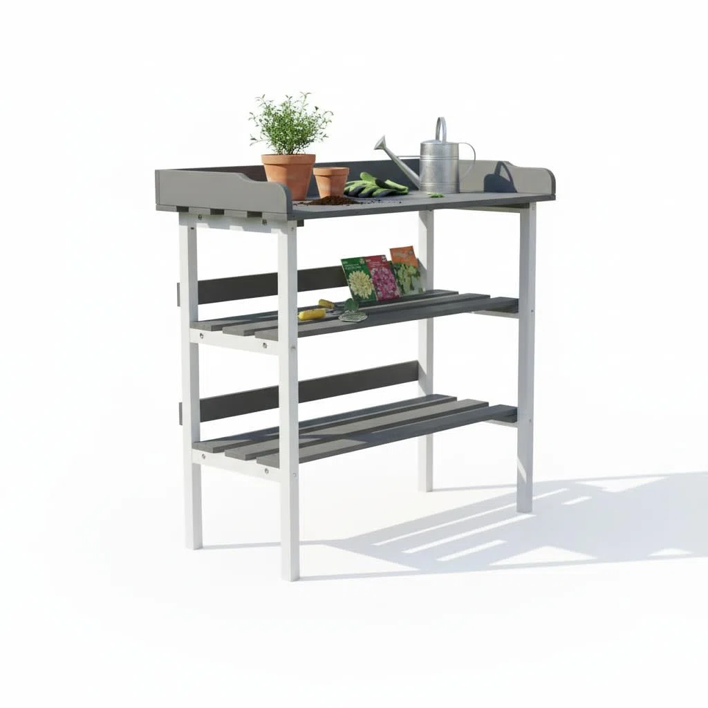 Melko Pflanztisch aus Holz mit verzinkter Arbeitsplatte, Gartenarbeitstisch mit 2 Ablagen & 3 Haken, Pflanzregal/Beistelltisch für Balkon, Terrasse & Gewächshaus, 84 × 78 × 38 cm
