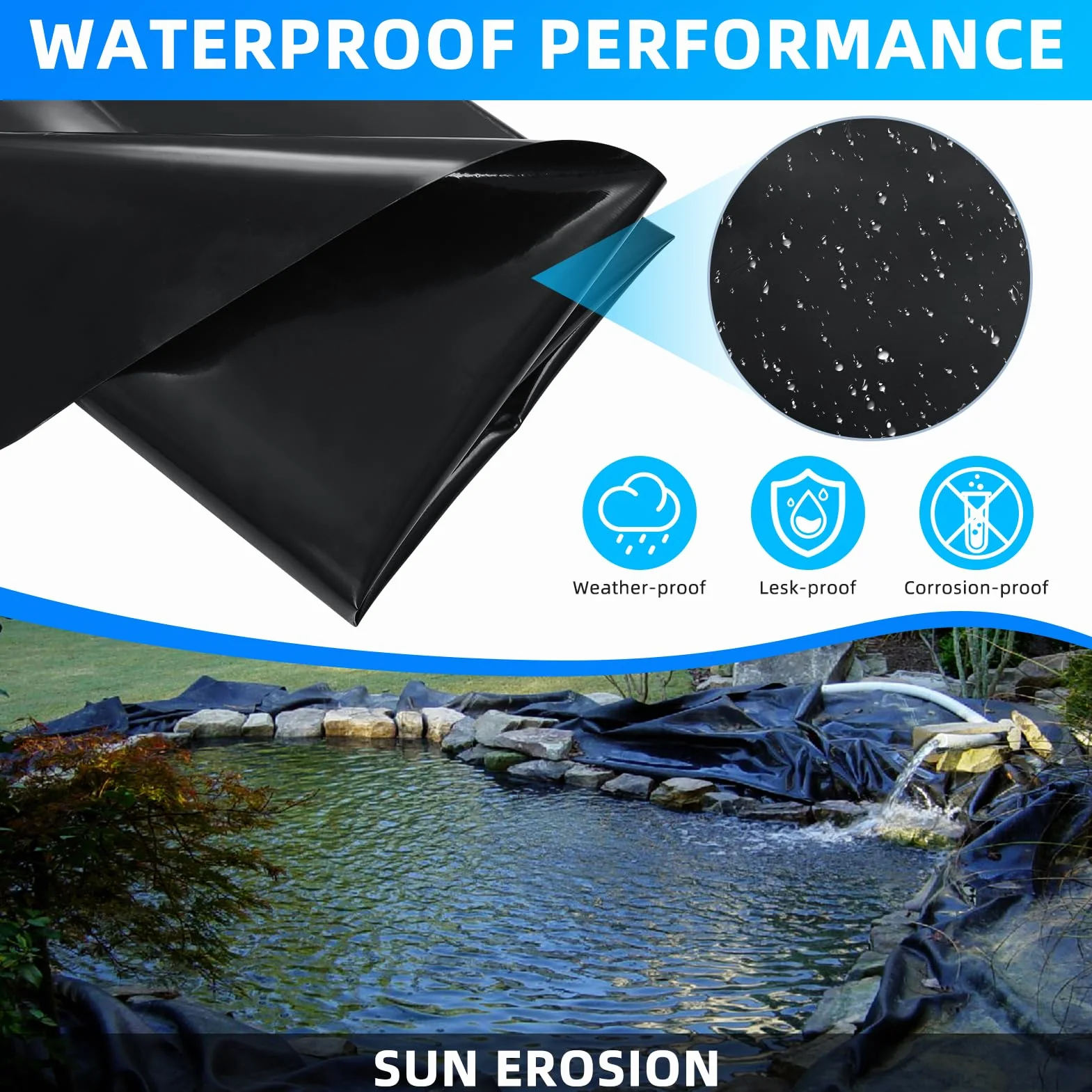 6m x 6m Teichfolie,Teichwanne Stärke 0.5mm,Schwarz HDPE Teichfolien Schwerlast,Dichtungsfolie Teichmembran Schwimmteich Folie,Flexibel Teichfolien für Fischteiche, Brunnen, Wassergarten, Wasserfall