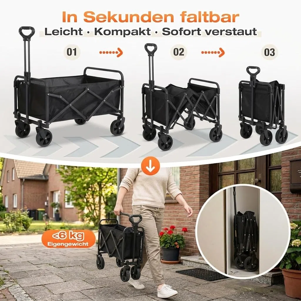 Bollerwagen Faltbar,Kleiner Handwagen Faltbar 70 x 46 x 47 cm Tragkraft 150KG,Bollerwagen mit Verstellbarem Griff für Camping Outdoor Garten Shopping