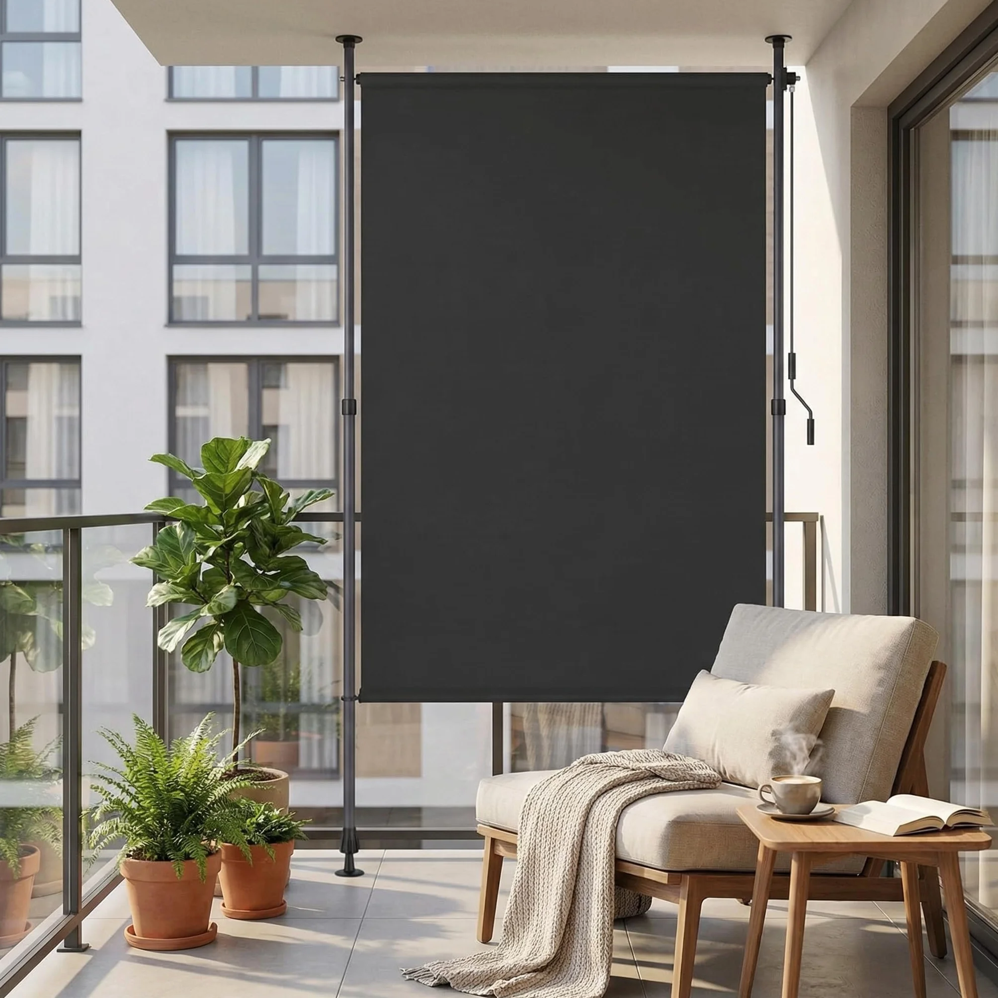 LIFERUN 120x310cm Senkrechtmarkise Balkon Außen ohne Bohren, Vertikalmarkise,Markise Balkon Garten Terrasse Außenrollo Klemmmarkise Sichtschutz Sonnenschutz,Wetterfest Windschutz,2 PCS Stangen
