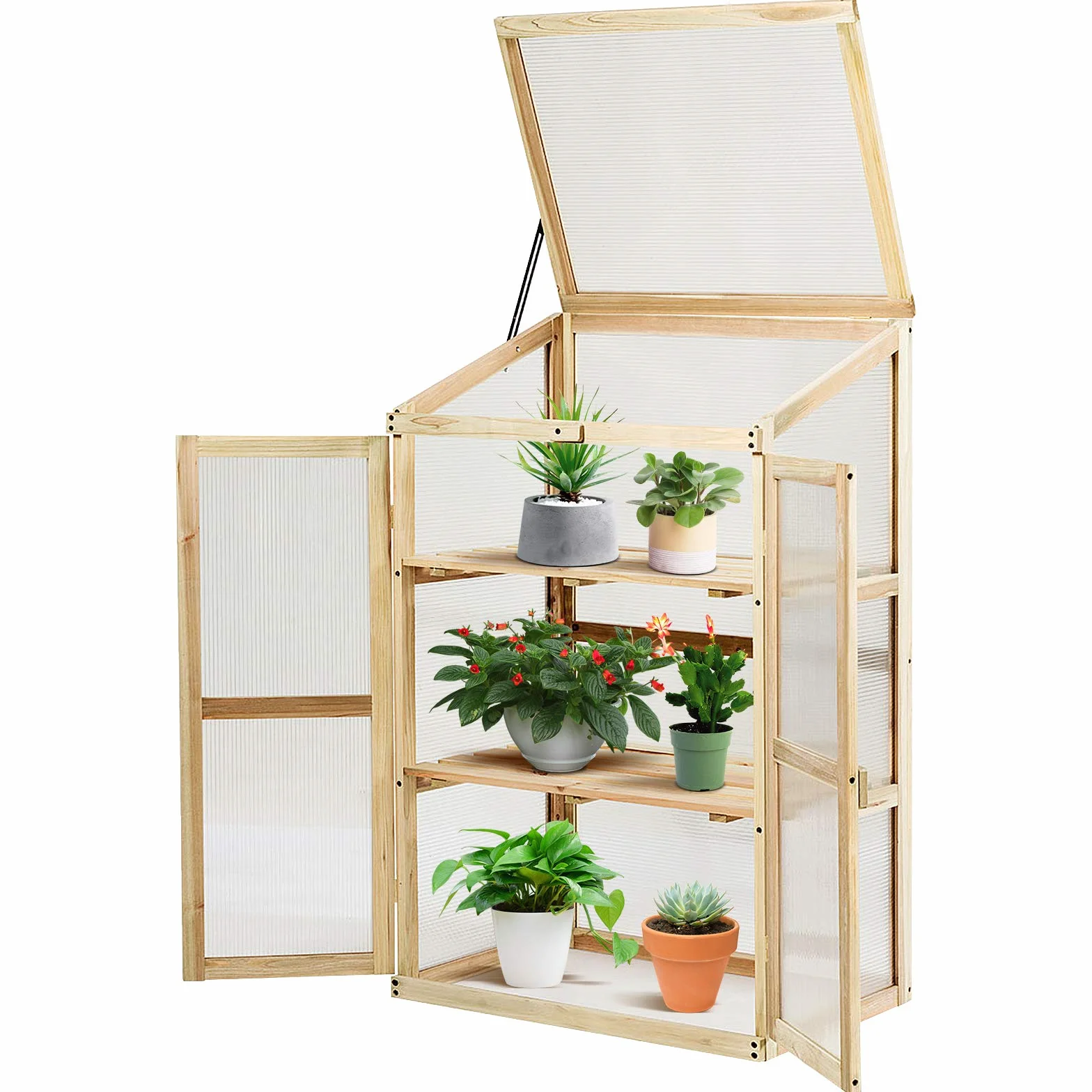 GOPLUS Frühbeet, Frühbeetkasten mit Abdeckung, Gewächshaus aus Tannenholz & Polycarbonat, Hochbeet Treibhaus für Garten & Balkon, 60 x 45 x 100 cm