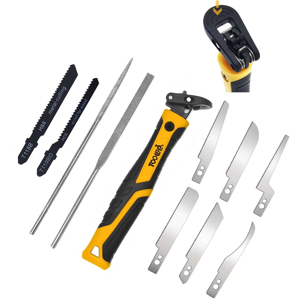 TOOLAN: 10 in 1 Mini Handsäge mit gebogener Säge, Feilensatz für Holz, Metall, Kunststoff, Sheetrock, Tragbares Feilenset