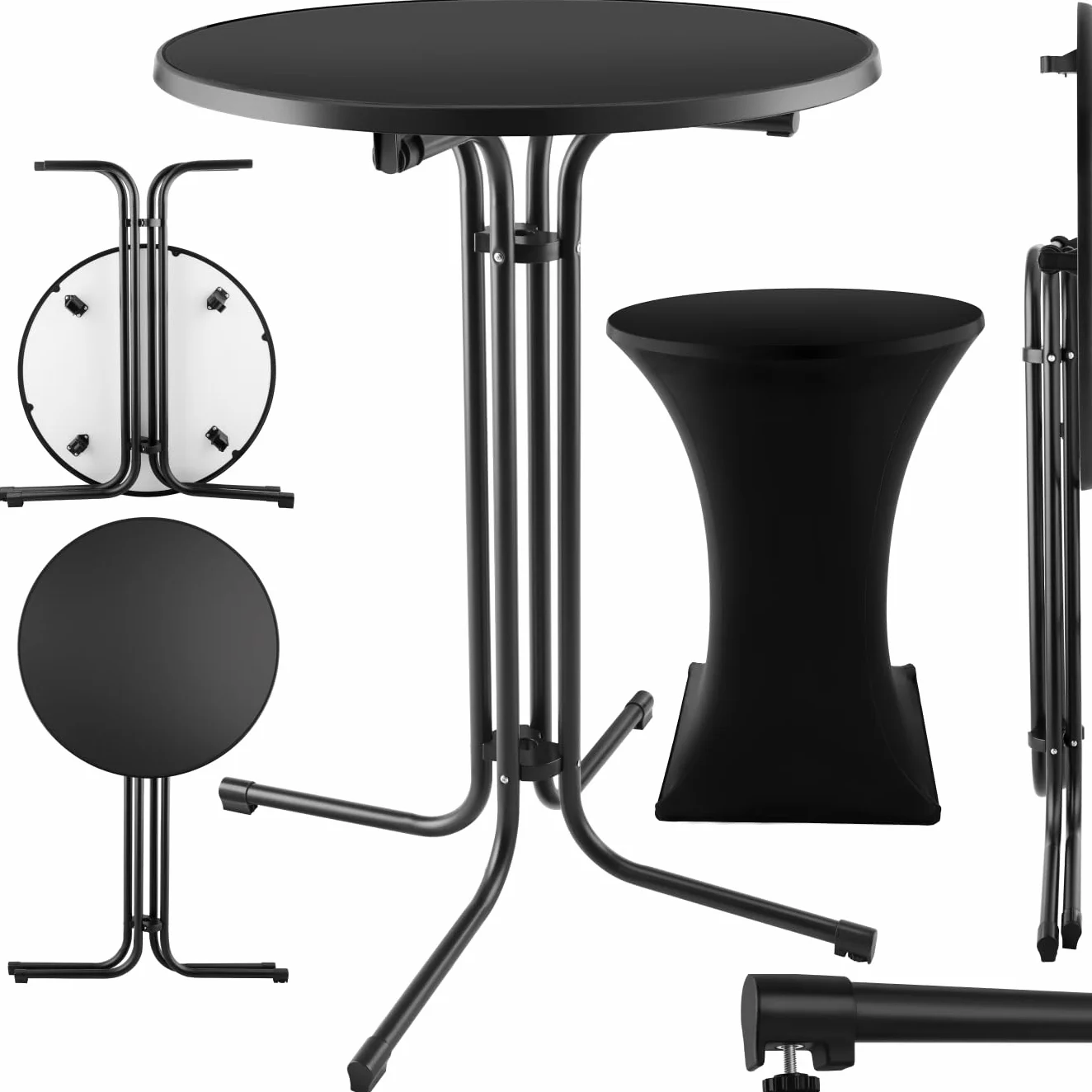 tectake® Gastro Stehtisch klappbar, Bistrotisch mit Husse, Tisch Ø80cm, Stehtisch mit MDF-Tischplatte, Gartentisch klappbar, Klapptisch, rund, Stahlgestell, stabil und robust - schwarz, 1 Stehtisch
