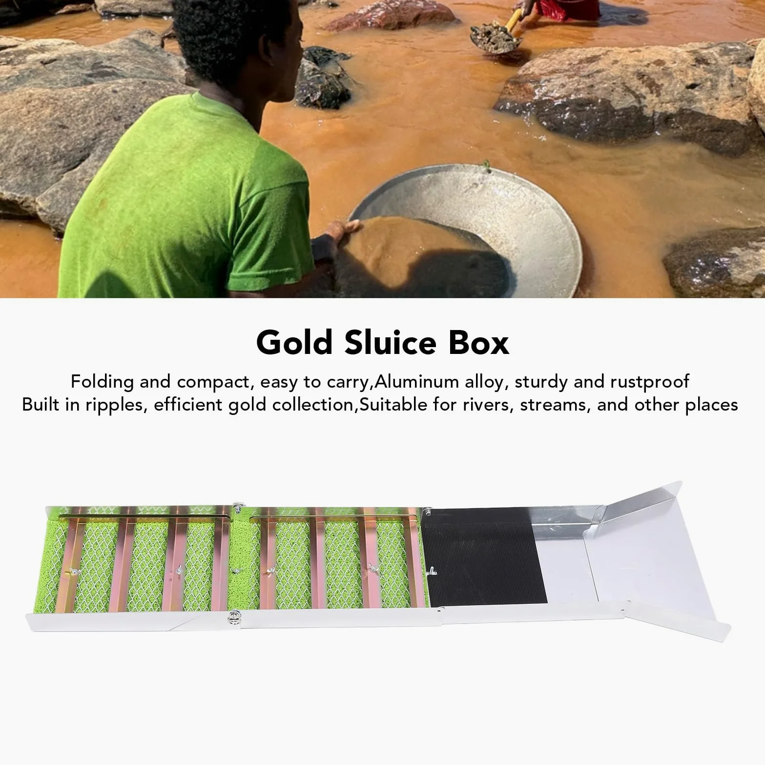 Fabater Zusammenklappbare Goldwaschrinne aus Aluminiumlegierung, 50-Zoll-Goldwaschrinne, Tragbares Goldwasch- und Prospektionswerkzeug für Flüsse, Goldwaschen, Prospektion und